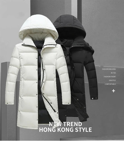 FGKKS 2025 Couple Winter Down Jacket Fashion Classic Slim Korean Style White Duck Down Men's Long Coat Women Hooded Outwear