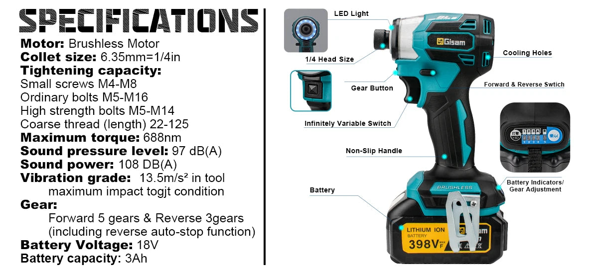 Gisam Cordless Electric Impact Screwdriver 688NM Power Tool Rechargeable Brushless Wrench Driver Kit for Makita 18V Battery Pins