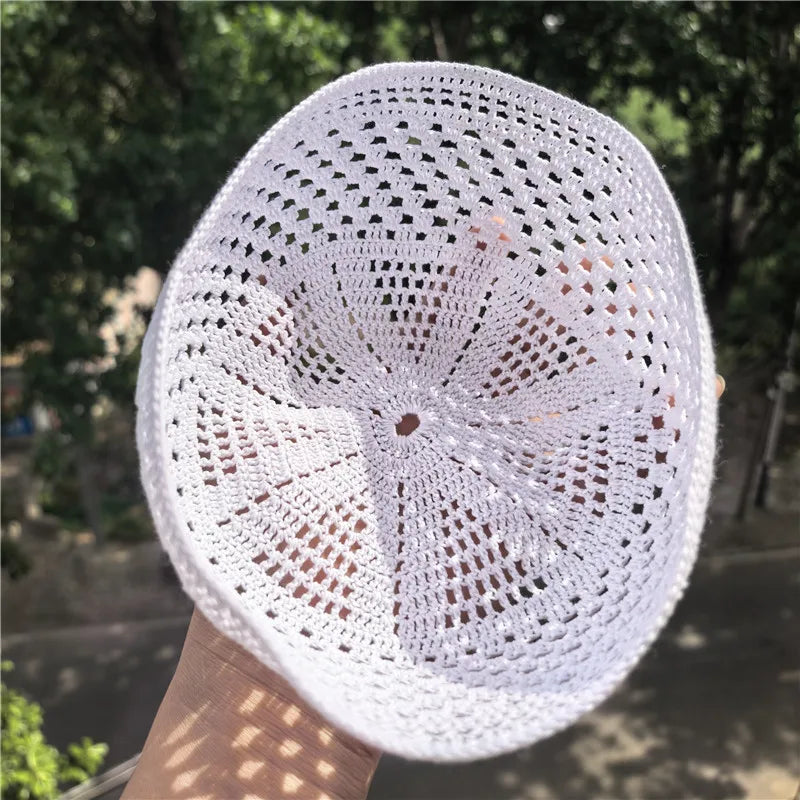New Summer White Pure Handmade Hooked Prayer Hat Muslim Knitted Kufi Hat Skull Cap Crochet Handmade Islamic Ramadan Prayer Cap