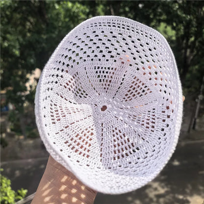 New Summer White Pure Handmade Hooked Prayer Hat Muslim Knitted Kufi Hat Skull Cap Crochet Handmade Islamic Ramadan Prayer Cap