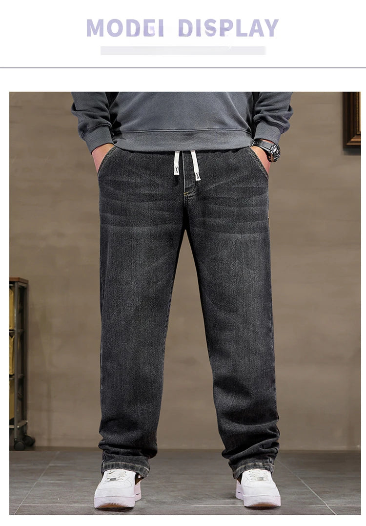 Extra Big Size Jeans Men High Elastic Waist Baggy Denim Pant Male Plus Large Loose Slim Fit Cowboy Trouser 8XL 6XL Classic Black