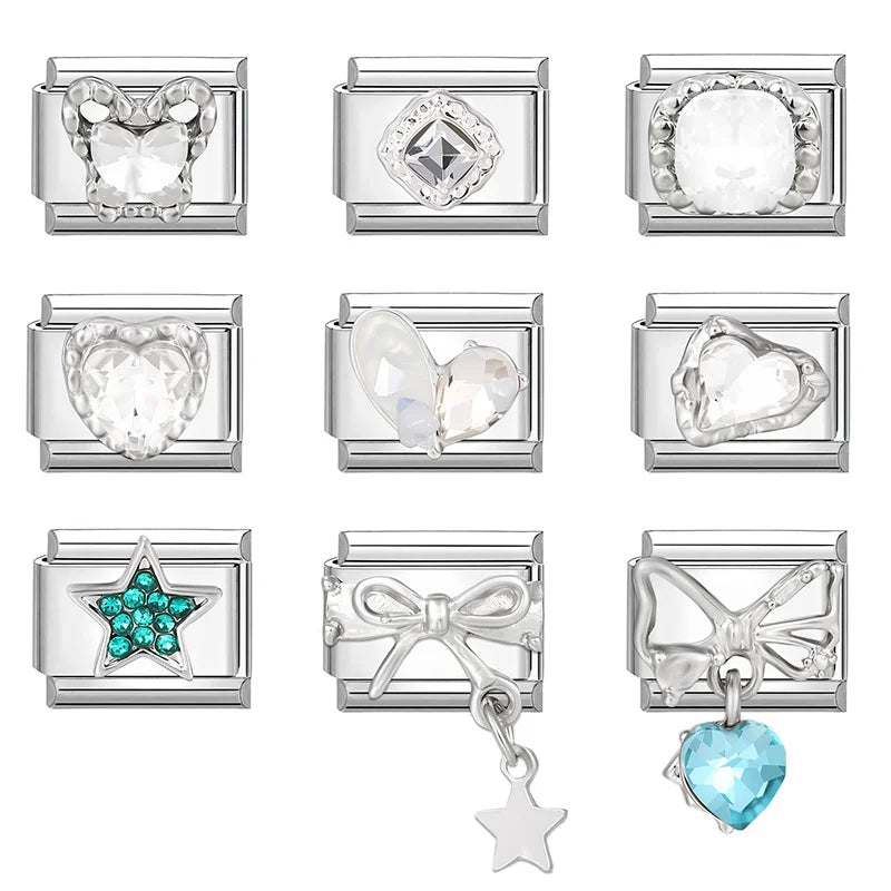 Shiny Zircon Stars Heart Bow Knot Butterfly Italian Charm Links Fit 9mm Stainless Steel Bracelet Women Jewelry DIY Making Gifts