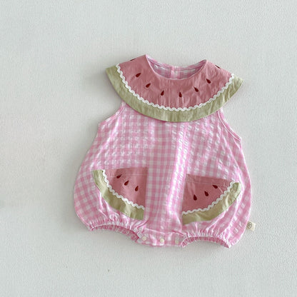 2026 Summer Childrens Clothes Watermelon Collar Baby Bodysuit with Patch Pockets Pink-white Check Girls Dress