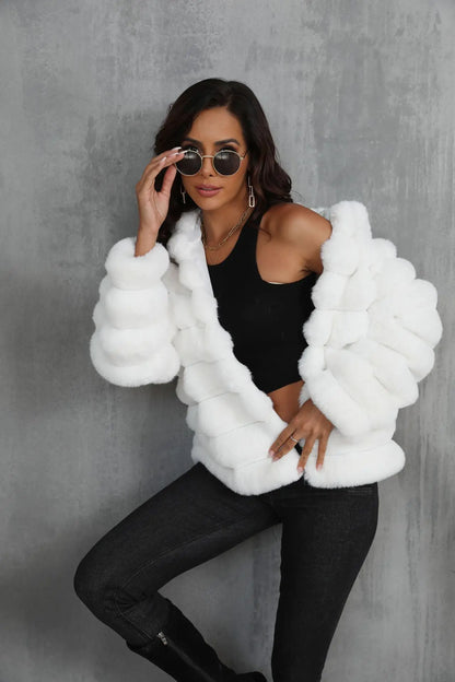 2026 Faux Fur Women Coats Hooded Full Sleeve Short Coat Zipper Thick Warm Solid Temperament Elegant Splice Autumn Winter