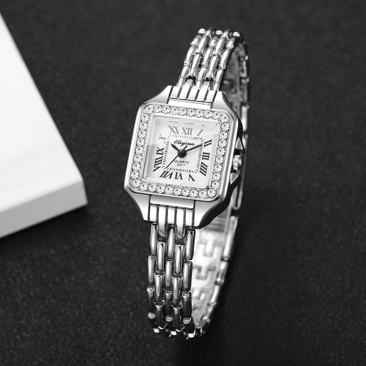 Elegant Rhinestone Square Women Watches Fashion Roma Dial Quartz Wristwatch Reloj Mujer Ladies Clock (Without Box)