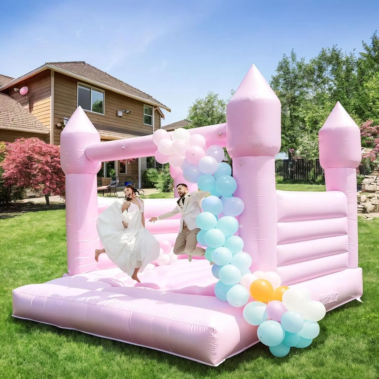 Commercial Pink Inflatable Bounce House Castle with Air Blower White Jumper Wedding Bouncy Castle with Canopy Covering