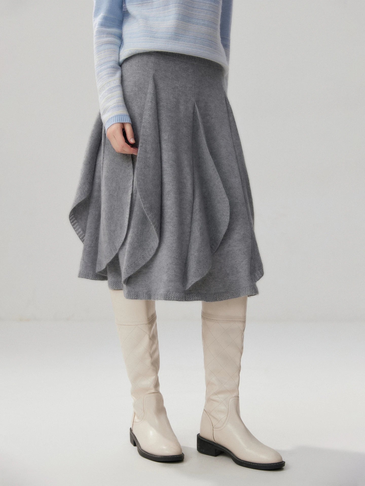 French 100% Pure Cashmere Skirt Ruffle Irregular A-line Soild Midi Sirt Autumn Winter Women Elegant Pleated  Knit Dress Fashion