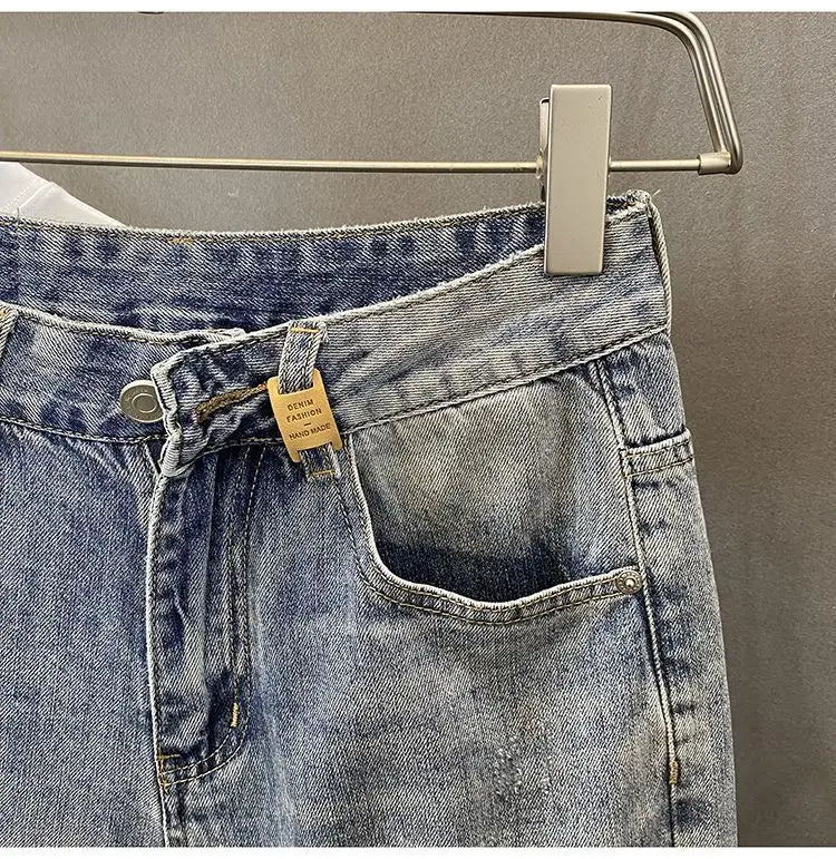 Summer Trendy Brand Handsome Denim Shorts Men's Washed Embroidered Patch Trendy Short Pants Ripped Slim-fit Elastic Middle Pants