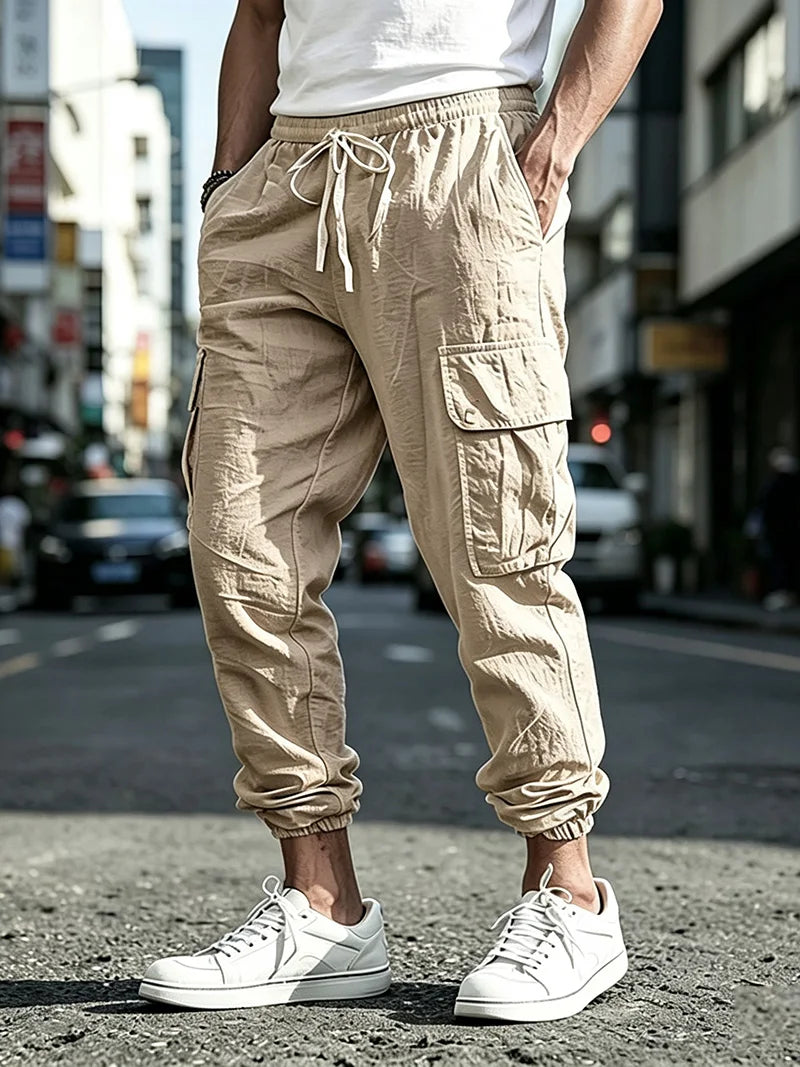 Men's Cotton Linen Blend Cargo Jogger Pants Elastic Waist Drawstring Multi Pockets Casual Breathable Streetwear Trousers for Men