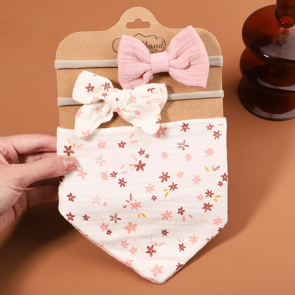 3Pcs/Set Muslin Cotton Print Bib Newborn Bows Headband Triangle Saliva Towel Infant Boy Girl Feeding Burp Baby Hair Accessories