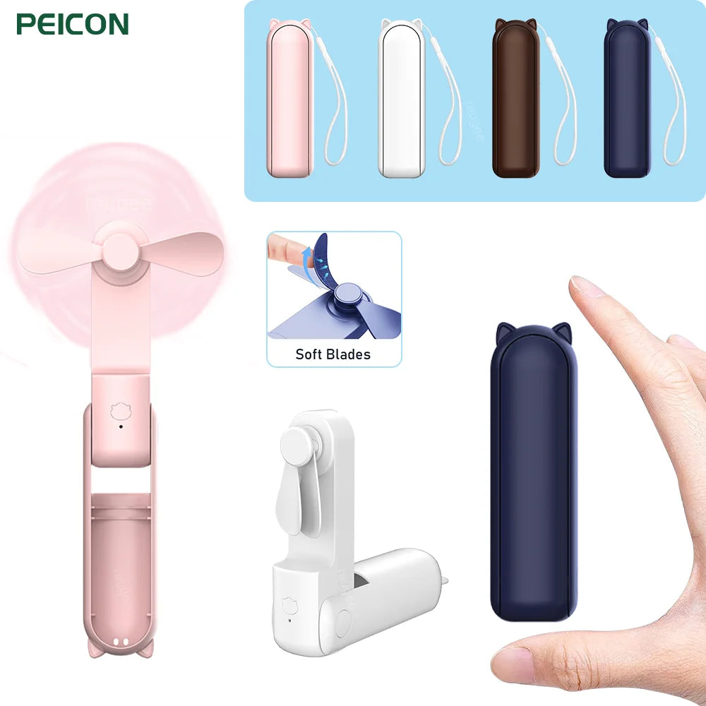 Nešiojamas ventiliatorius, super mini delninis ventiliatorius, įkraunamas USB laidu, sulankstomas, mažas kišeninis ventiliatorius su 2000 mAh išorine baterija, 3 greičio lygiai