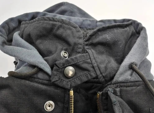 MWJLPWQ Fake Two Pieces Retro Distressed Hooded Cotton Jacket Men's New High Street Zipper Washed Hiphop Padded Winter 010528