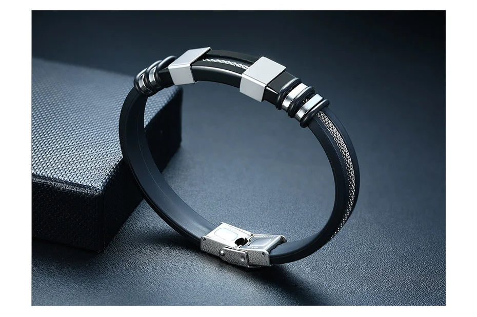 Vnox Stainless Steel Bracelet Men Wrist Band Black Grooved Rudder Silicone Mesh Link Insert Punk Wristband Stylish Casual Bangle