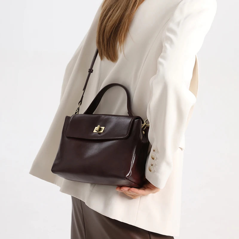 Genuine Leather Top Handle Crossbody Bag for Women Vintage Oil Wax Leather Shoulder Bag Small Luxury Designer Satchel Handbag