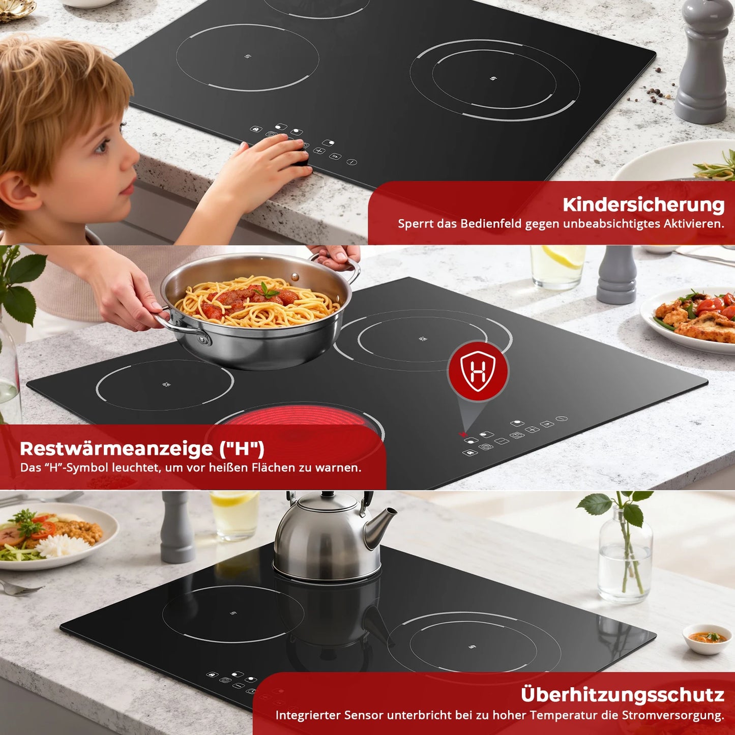 6000W Built-in Ceramic Hob, 4 Zone Induction Cooktop with Touch Control, 9 Power Levels, Timer & Child Lock, 60cm Black Glass