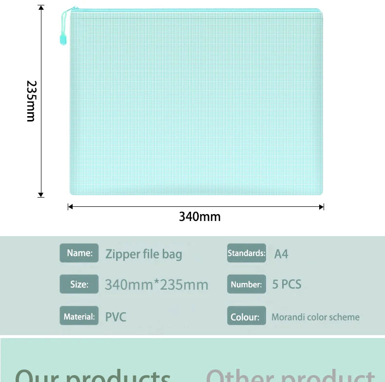 5pcs Mesh Zipper Pouch Document Bag Waterproof Zip File Folders A4 School Office Supplies Pencil Case Storage Bags