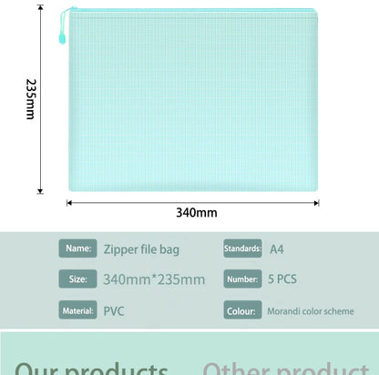 5pcs Mesh Zipper Pouch Document Bag Waterproof Zip File Folders A4 School Office Supplies Pencil Case Storage Bags