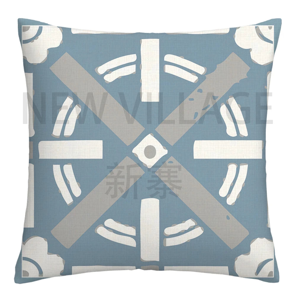 Lake blue white geometric linen pillowcase sofa cushion cover home decoration can be customized for you 40x40 45x45 50x50 60x60