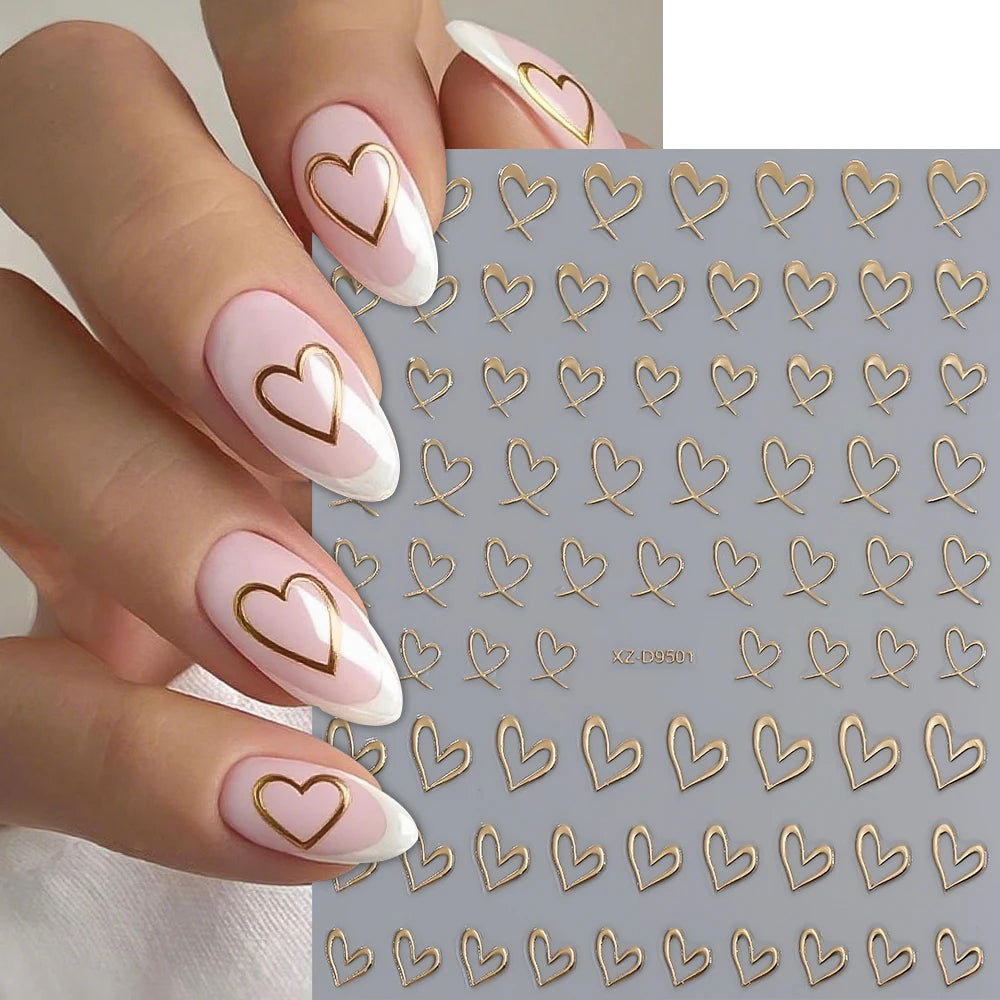 8pcs/set Mini Red Heart Valentines Nail Stickers Irregular Love Stripe Gold/Silver Nail Decals Sliders Laser Shiny Manicure Acce