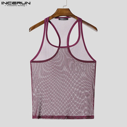 INCERUN Tops American Style Fashion Men Thin Perspective Mesh Vests Sexy Casual Streetwear Male Personality Sleeveless Tank Tops