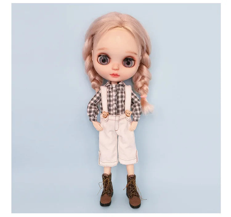 Casual Blyth Doll Clothes Rompers Plaid Pants Long Sleeve Top Suit Doll Trousers for Ymy Licca Azones Ob24 Ob27 Doll Accessories