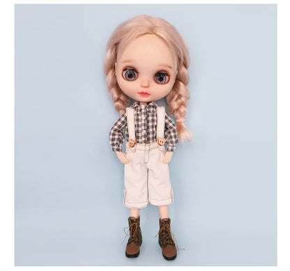 Casual Blyth Doll Clothes Rompers Plaid Pants Long Sleeve Top Suit Doll Trousers for Ymy Licca Azones Ob24 Ob27 Doll Accessories