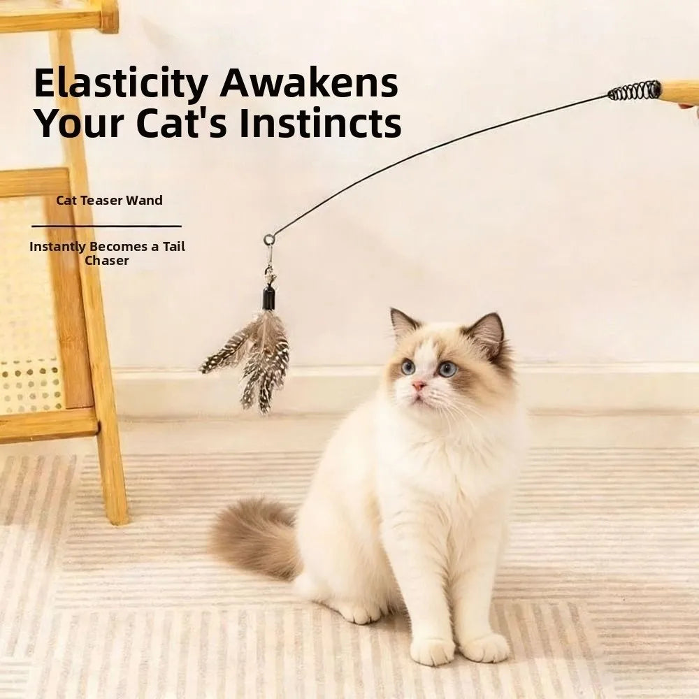 Wooden Handle Spring Teasing Cat Stick Feather Simulation Fishing Rod Cat Teaser Stick Interactive Replaceable Bell Squeaky Cat