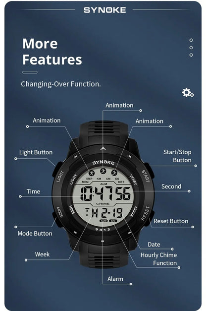 SYNOKE Men Digital Watch Sports Watches Timing Function Alarm Clock Waterproof 50M Digital Watch Military Clock Large Screen