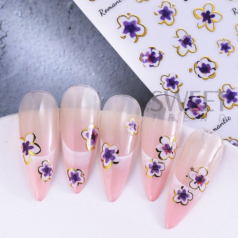 2/3pcs Golden Pink Hibiscus Flower Nail Stickers 3D Bronzing Border Petals Sakura Line Sliders Nail Decals DIY Manicure Decor