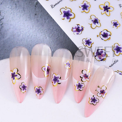 2/3pcs Golden Pink Hibiscus Flower Nail Stickers 3D Bronzing Border Petals Sakura Line Sliders Nail Decals DIY Manicure Decor