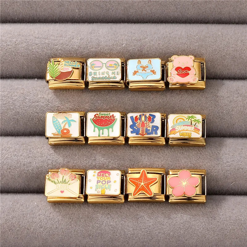 Gold Color Heart Sunflower Cherry Tai Chi Leopard Italian Charm Links Fit 9MM Bracelet Stainless Steel Men Women DIY Making Gift