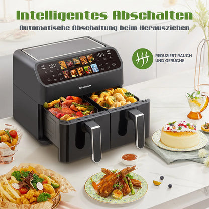 Hot Air Fryer 9L Dual Basket Electric Oilless Cooker Oven with Touch Control,10-In-1 Multifunction,Visible Window,Family Size