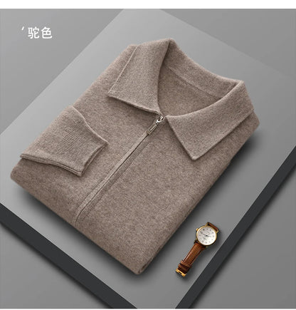 Men's 100% Merino Wool Thickened Sweater Polo Collar Business Zippered Cardigan Autumn Winter New Cashmere Jacket Knitted Top