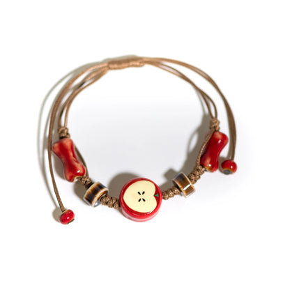 Handmade Apple Ceramic Bracelet Adjustable Woven Cord Cute Cartoon Style Jewelry for Gifts