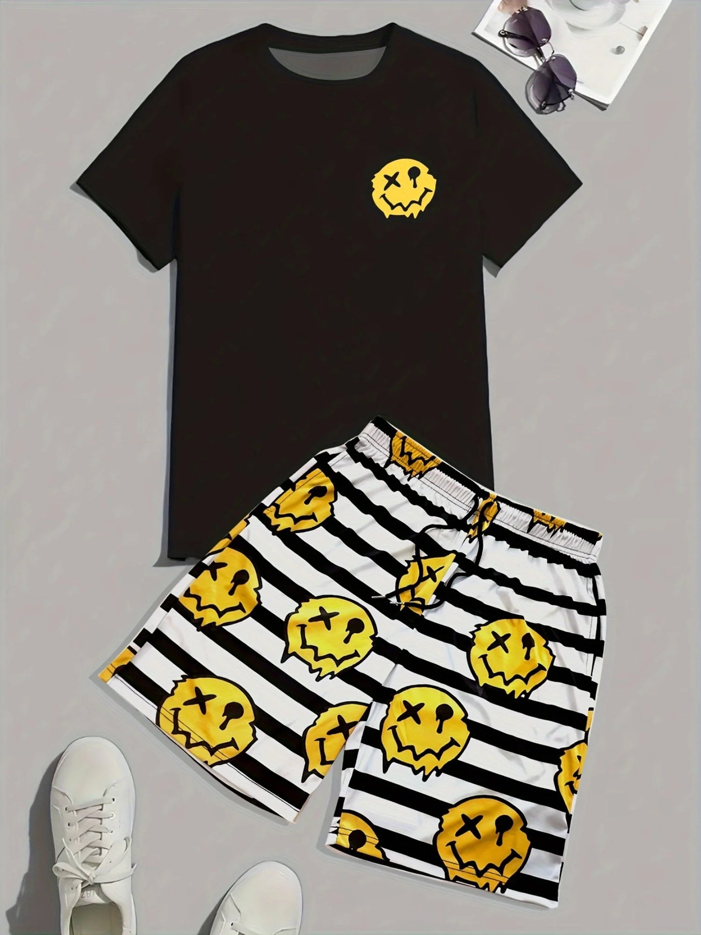 2026 Summer Casual Short-Sleeve Fashionable Breathable Sports Set Loose-Fit Quick-Dry Men's Short-Sleeve Hip-Hop Bear Print Set