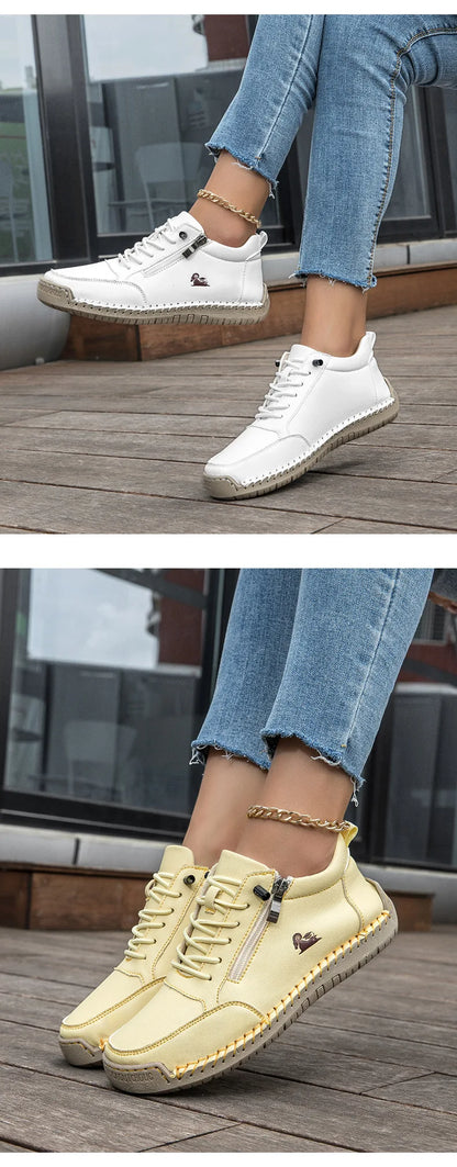 Women Sports Shoes 2026 New Outdoor Hiking Flat Bottomed Comfortable Casual Driving Shoes Soft Sole Zipper Fashion Leather Shoes