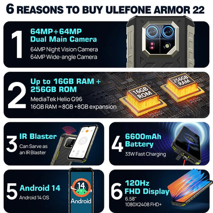 Ulefone Armor 22 Android 14,16GB (8+8GB RAM ),128GB/256GB ROM, 6.58" 120Hz ,6600mAh 33W,NFC,64MP Night Camera, Global Version