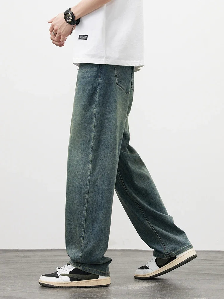 2025Spring Autumn New Men Straight Vintage Fit Jeans Casual Trousers High Quality Male Korean Fashion Baggy Wide Leg Denim Pants