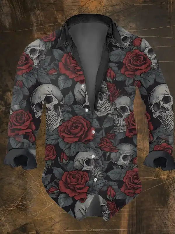 Halloween Men's Dark Skull Prints Casual Long Sleeve Shirt-Vintage Skull Floral Print,Regular Fit,Lapel Collar, Polyester Blend