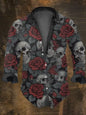 Halloween Men's Dark Skull Prints Casual Long Sleeve Shirt-Vintage Skull Floral Print,Regular Fit,Lapel Collar, Polyester Blend