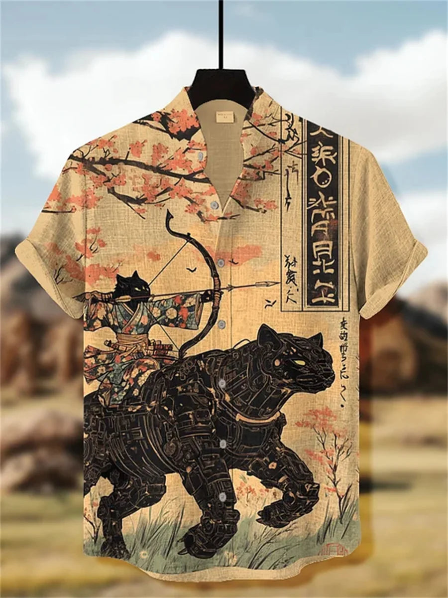 Men's short-sleeved shirt with cat and dinosaur print, casual and stylish vacation-style men's top, fashionable Hawaiian design.
