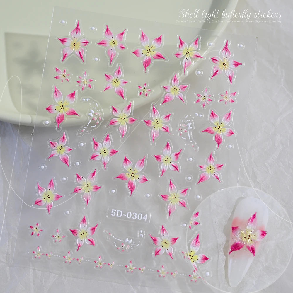 5D Hibiscus Flower Nail Embossed Sticker Acrylic Pink White Gold Petal Leaf Adhesive Decal Butterfly Dragon Floral Elegant Decor