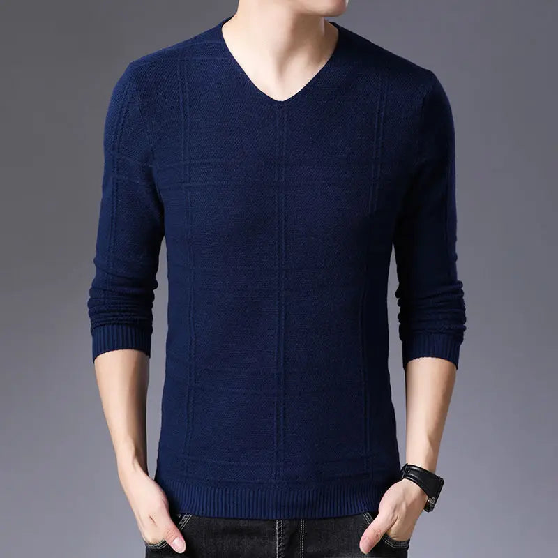Autumn Winter New Men V-neck Pullover Sweaters Plaid Casual Korean Clothing Tees Fashion Slim Long Sleeve Bottoming Knitted Tops
