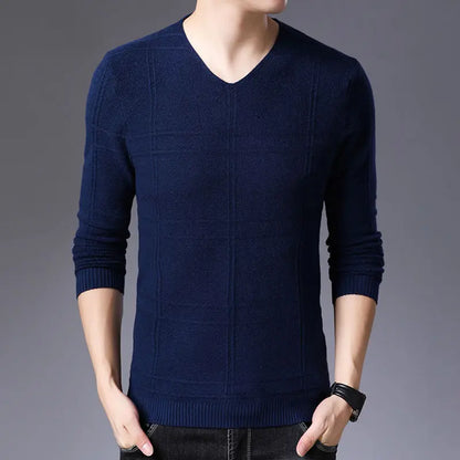 Autumn Winter New Men V-neck Pullover Sweaters Plaid Casual Korean Clothing Tees Fashion Slim Long Sleeve Bottoming Knitted Tops