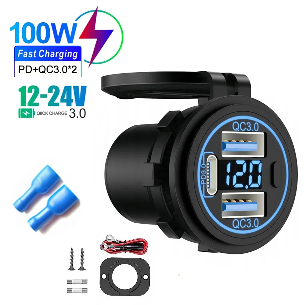 3 Ports Quick Charge Dual PD & QC 3.0 112W Aperture Car Charger Outlet Socket For 12V 24V Motorcycle Boat Marine Truck ATV