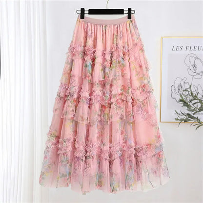 Faldas Y2k Elastic Waist Floral Print Mesh Skirt Women Summer Beach Vacation Style Versatile Stitching A-line Elegant Long Skirt