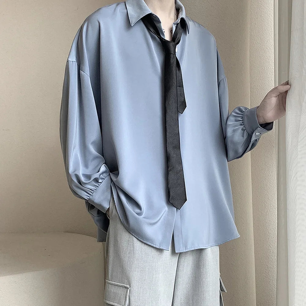 Korean Style Men's Long-sleeved Shirts Black Tie Cozy Casual Solid Oversize Blouses Breathable Loose Shirt Harajuku Male Clothes