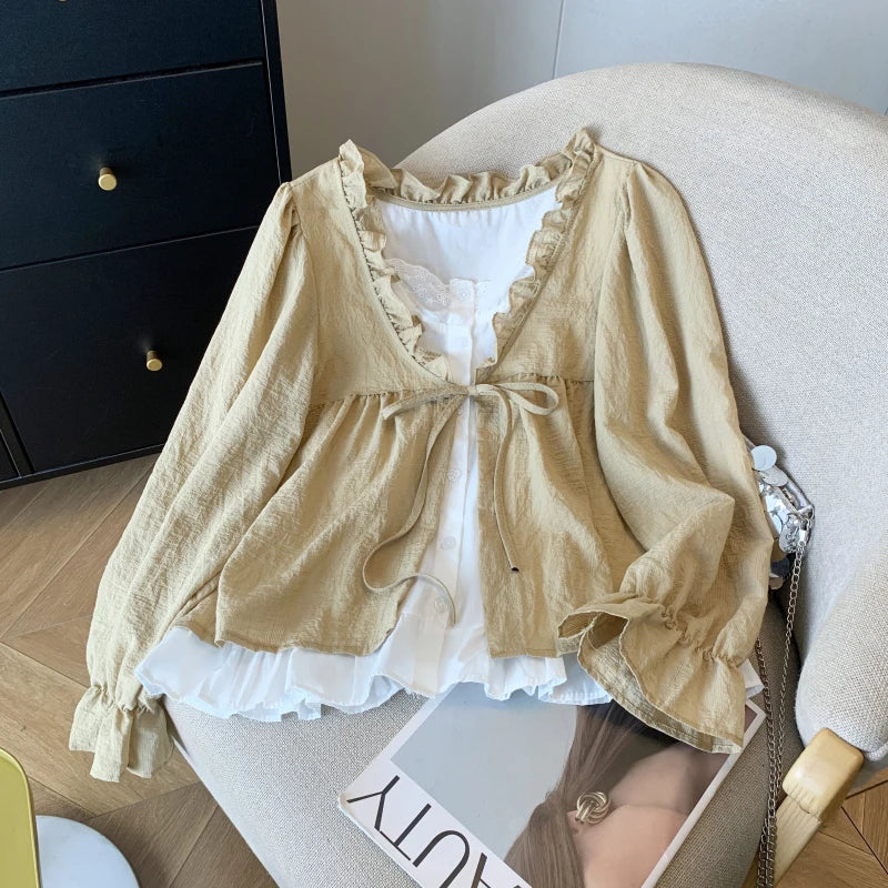Korean Casual Sweet Fungus Lace Collar Women's Shirt Top Autumn New Women Fashion Fake Two-Piece Lace Up Long Sleeved Shirt