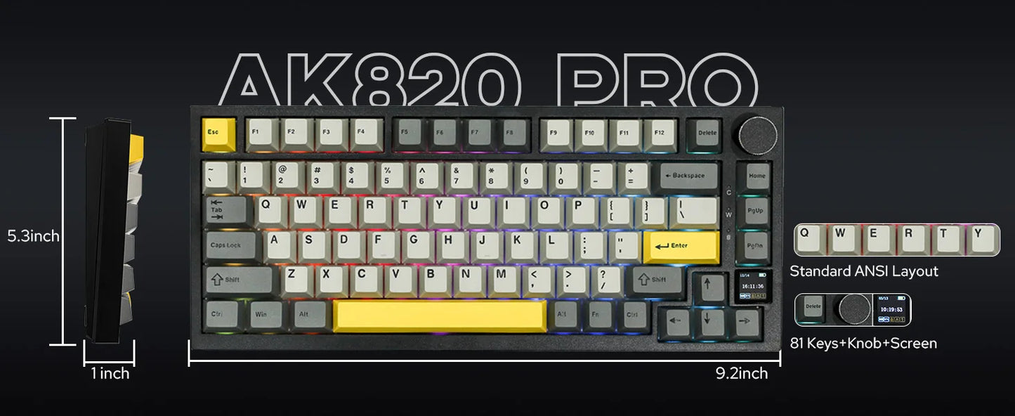 Ajazz AK820 Pro 75% Gasket-mounted Bluetooth 5.1/2.4G Wireless & Wired Mechanical Keyboard with TFT Screen for Gaming
