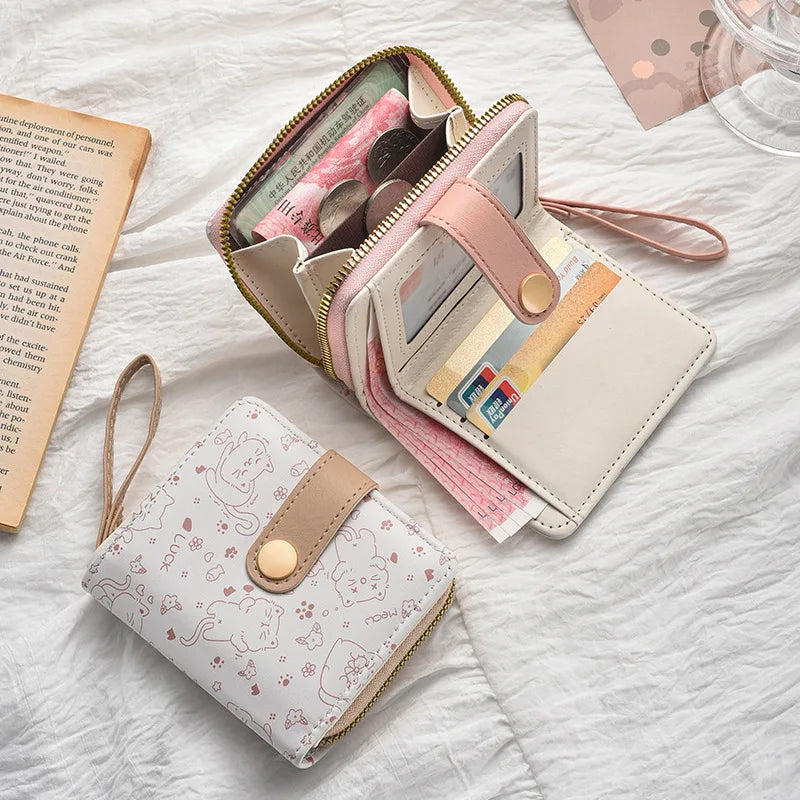 Japanese Cute Cat Girls Wallet Short Student ID Bank Card Holder Money Bag Zipper Wallets For Women Key Storage Purse Coin Purse